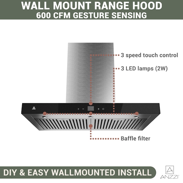 Anzzi 30-Inch Wall Mount Range Hood, Stainless Steel Wall Mount with Touch Control Panel - RH-AZ0176PSS