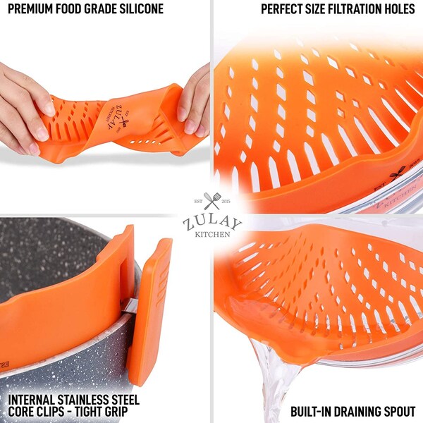 Zulay Kitchen Small Silicone Strainer with Adjustable Clip  Orange - ZULB086DMHVZ7