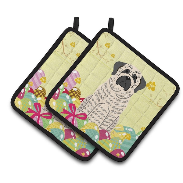 Carolines Treasures Easter Eggs Mastiff Brindle White Pair of Pot Holders - BB6016PTHD