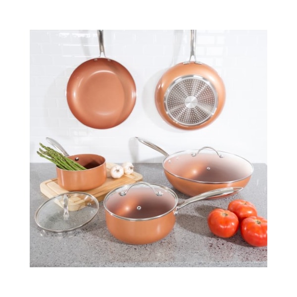Hastings Home 8-piece Cookware Set with 2 Layer Nonstick Ceramic Coating, Tempered Glass Lid, Oven Safe (Copper) - 929747ZJA