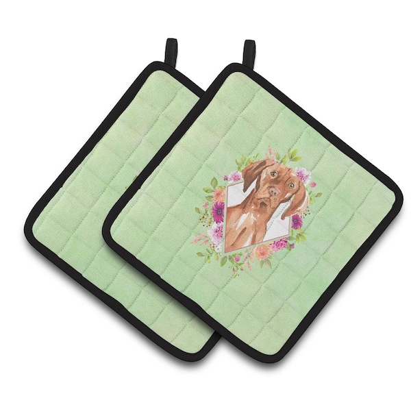 Carolines Treasures 7.5 x 7.5 in. Vizsla Green Flowers Pair of Pot Holders - CK4392PTHD