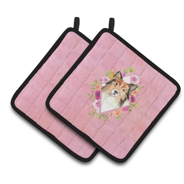 Carolines Treasures 7.5 x 7.5 in. Sheltie Pink Flowers Pair of Pot Holders - CK4213PTHD