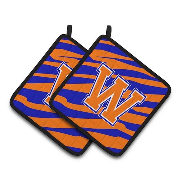 Carolines Treasures Monogram Initial W Tiger Stripe - Blue Orange Pair of Pot Holders, 7.5 x 3 x 7.5 in. - CJ1023-WPTHD