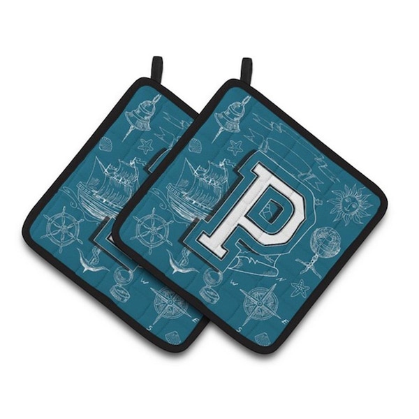Carolines Treasures Letter P Sea Doodles Initial Alphabet Pair of Pot Holders, 7.5 x 3 x 7.5 in. - CJ2014-PPTHD