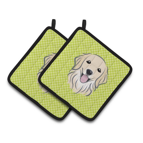 Carolines Treasures Checkerboard Lime Green Golden Retriever Pair of Pot Holders, 7.5 x 3 x 7.5 in. - BB1267PTHD