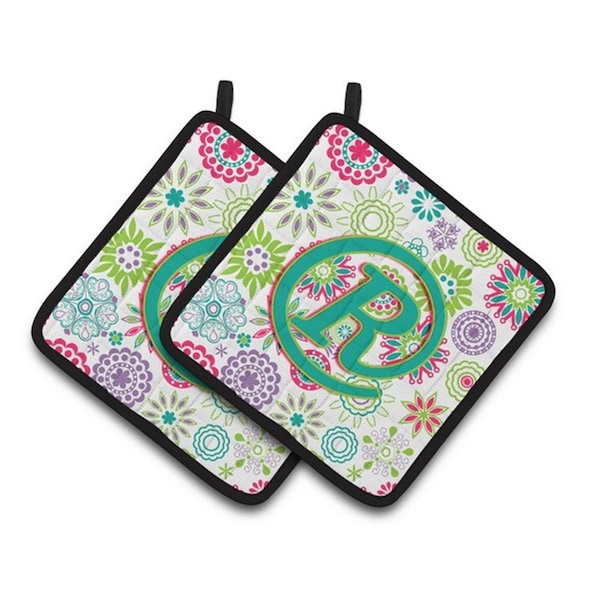 Carolines Treasures Letter R Flowers Pink Teal Green Initial Pair of Pot Holders, 7.5 x 3 x 7.5 in. - CJ2011-RPTHD