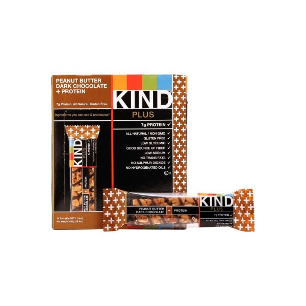 Barra de refuerzo nutricional Kind KIND® Plus, Mantequilla de cacahuate chocolate oscuro/Proteína, 1.4 oz., 12 por caja - 17256