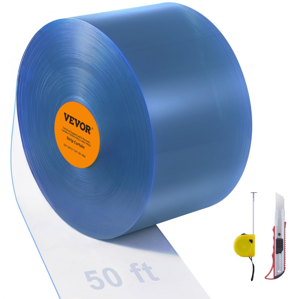 VEVOR Strip Curtain, 50' Length x 8" Width x 0.08" Thickness, Clear PVC Smooth Curtain Strip Door Bulk Roll, Plastic Door Strips for Doorways of Supermarket, Garage, Warehouse, Barn, Pet Animal House - JZPVC50X81PCS8ZZAV0
