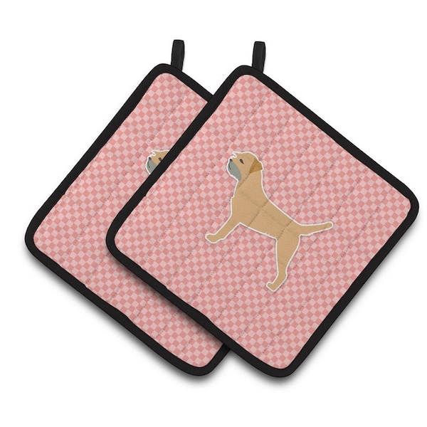 Carolines Treasures Border Terrier Checkerboard Pink Pair of Pot Holders - BB3589PTHD