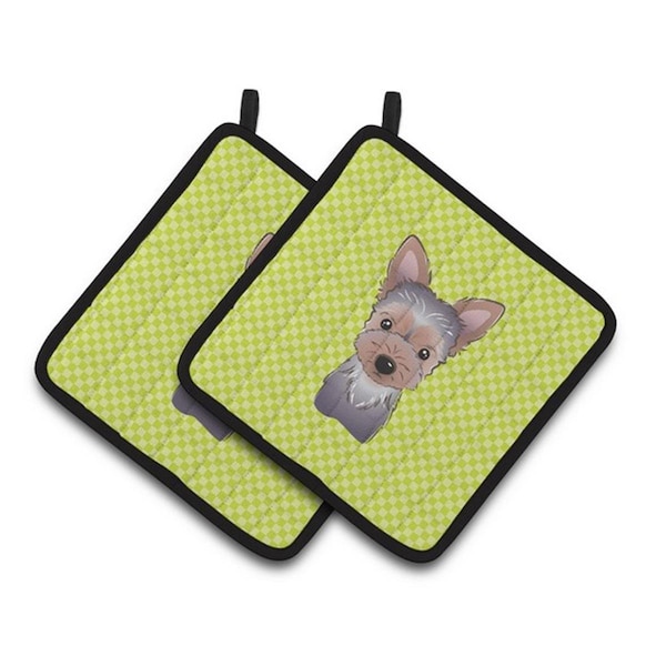Carolines Treasures Checkerboard Lime Green Yorkie Puppy Pair of Pot Holders, 7.5 x 3 x 7.5 in. - BB1294PTHD