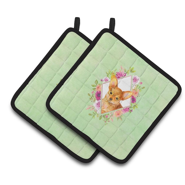 Carolines Treasures 7.5 x 7.5 in. Toy Terrier Green Flowers Pair of Pot Holders - CK4350PTHD