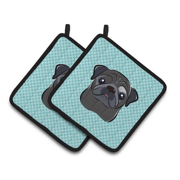 Carolines Treasures Checkerboard Blue Black Pug Pair of Pot Holders, 7.5 x 3 x 7.5 in. - BB1201PTHD