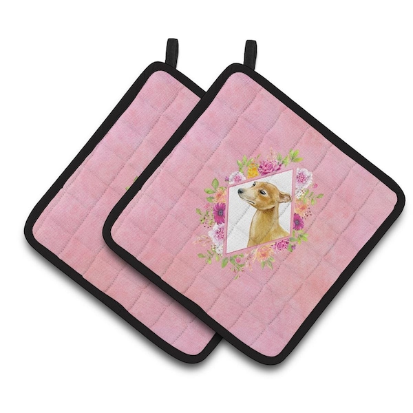 Carolines Treasures 7.5 x 7.5 in. Italian Greyhound Pink Flowers Pair of Pot Holders - CK4154PTHD