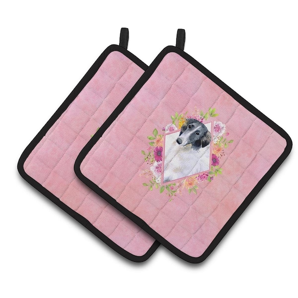 Carolines Treasures 7.5 x 7.5 in. Borzoi Pink Flowers Pair of Pot Holders - CK4122PTHD