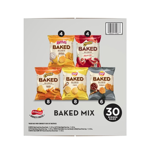 Paquete variado horneado de Frito-Lay, Lay's Regular/Lay's BBQ/Cheetos/Ruffles Queso Cheddar y Crema Agria/Hot Cheetos, 60 piezas - 73172