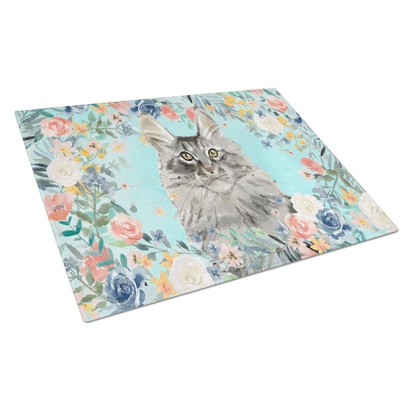 Carolines Treasures Maine Coon Spring Flowers Glass Cutting Board Large - CK3393LCB