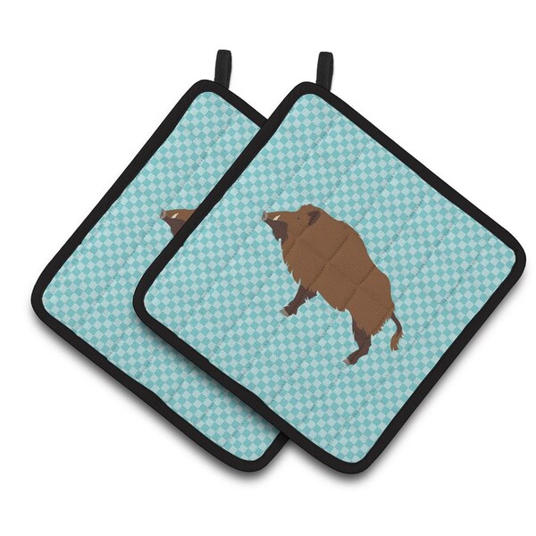 Carolines Treasures Wild Boar Pig Blue Check Pair of Pot Holders - BB8110PTHD