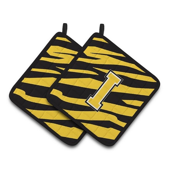 Carolines Treasures Monogram Initial I Tiger Stripe - Black Gold Pair of Pot Holders, 7.5 x 3 x 7.5 in. - CJ1026-IPTHD