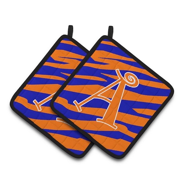 Carolines Treasures Letter A Monogram - Orange Blue Tiger Stripe Pair of Pot Holders, 7.5 x 3 x 7.5 in. - CJ1036-APTHD