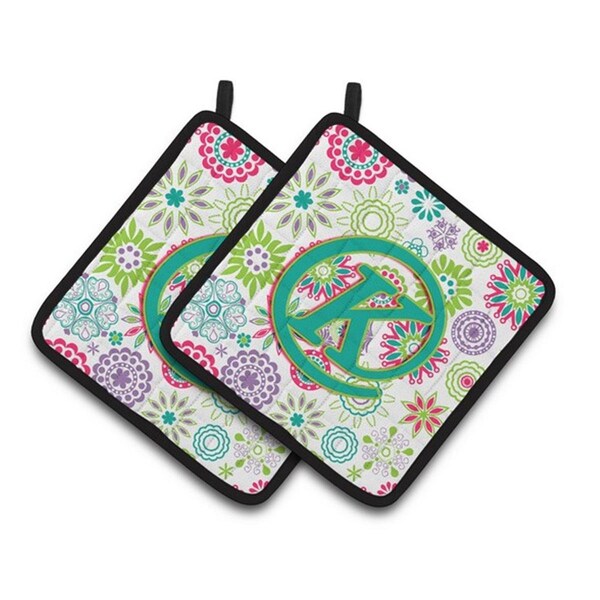 Carolines Treasures Letter K Flowers Pink Teal Green Initial Pair of Pot Holders, 7.5 x 3 x 7.5 in. - CJ2011-KPTHD