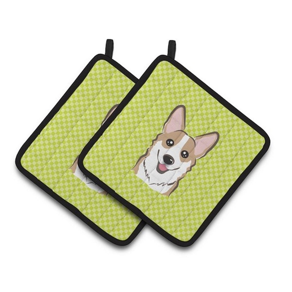 Carolines Treasures Checkerboard Lime Green Corgi Pair of Pot Holders, 7.5 x 3 x 7.5 in. - BB1315PTHD