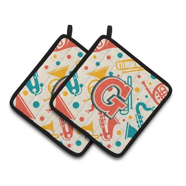Carolines Treasures Letter G Retro Teal Orange Musical Instruments Initial Pair of Pot Holders, 7.5 x 3 x 7.5 in. - CJ2001-GPTHD