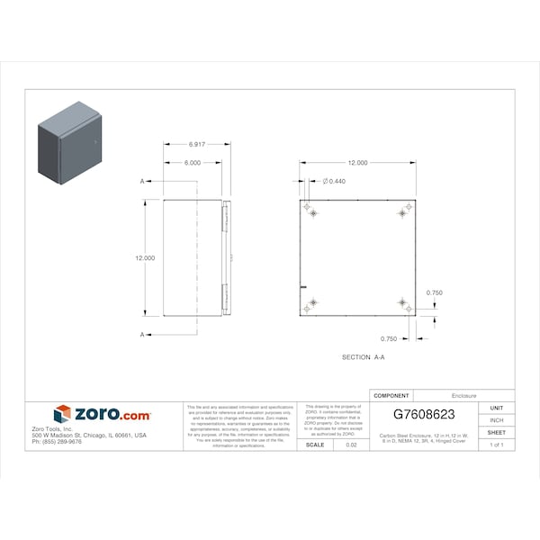 Wiegmann Carbon Steel Electrical Enclosures, 12 in H, 6 in D, 12 in W, NEMA 4, 12, Hinged - N412121206C