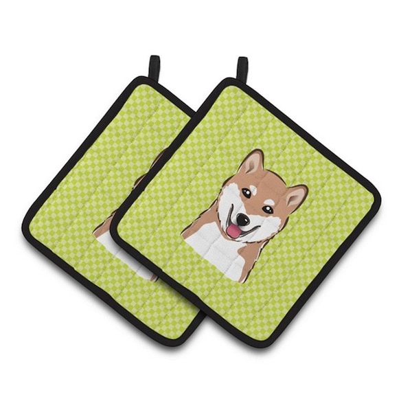Carolines Treasures Checkerboard Lime Green Shiba Inu Pair of Pot Holders, 7.5 x 3 x 7.5 in. - BB1287PTHD