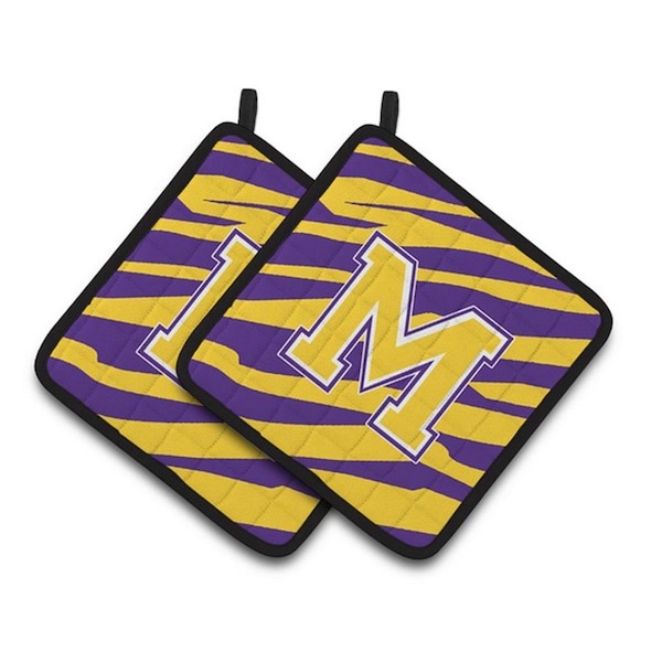 Carolines Treasures Letter M Monogram - Tiger Stripe - Purple Gold Pair of Pot Holders, 7.5 x 3 x 7.5 in. - CJ1022-MPTHD