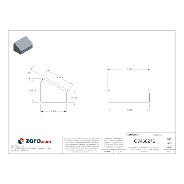 Nvent Hoffman Mild Steel Electrical Enclosures, 8 in H, 7.09 in D, 12 in W, NEMA 12, Hinged - C8C12