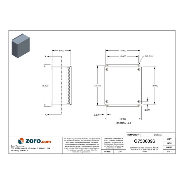 Nvent Hoffman 304 Stainless Steel Electrical Enclosures, 12 in H, 6 in D, 12 in W, NEMA 4X, Hinged - A1212CHNFSS