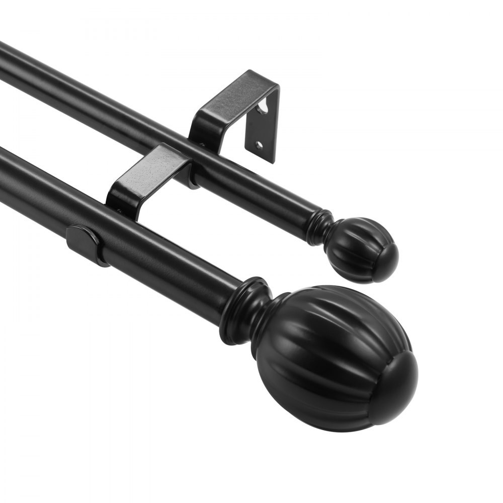 VEVOR Double Rod Curtain Rods, 36-72 inches(3-6ft) Adjustable Length, Black Double Curtain Rods with Round Finials, 1" and 3/4" Diameter, Double Window Drapery Rod for Sheer and Blackout Curtains - CLG3672INCHYCGJYLV0