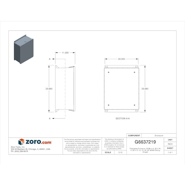 Wiegmann Fiberglass Electrical Enclosures, 23.88 in H, 11.33 in D, 20 in W, NEMA 4X, 6P, 12, 13, Hinged - HW-J242010CHQR