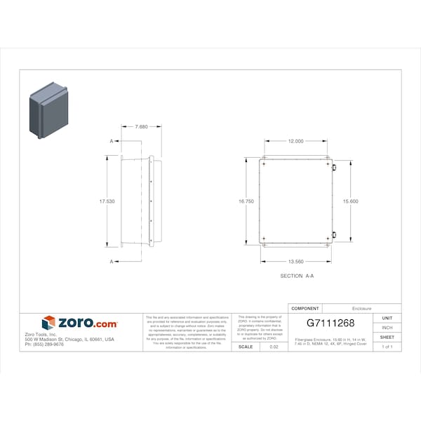 Wiegmann Fiberglass Electrical Enclosures, 15.60 in H, 7.45 in D, 14 in W, NEMA 12, 4X, 6P, Hinged - HW-RHJ161407CHQR