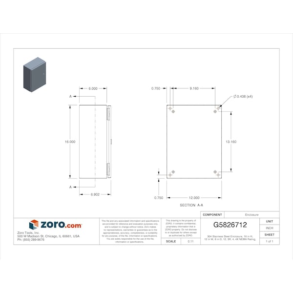 Wiegmann 304 Stainless Steel Electrical Enclosures, 16 in H, 6 in D, 12 in W, NEMA 4X, Hinged - N412161206SSC
