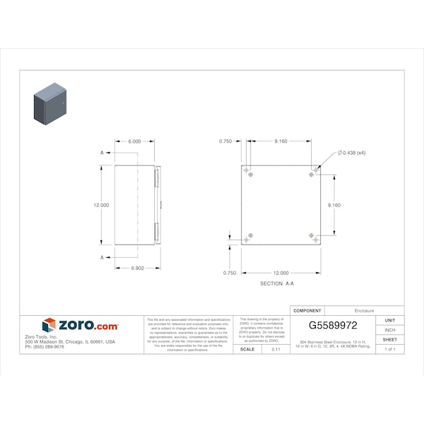 Wiegmann 304 Stainless Steel Electrical Enclosures, 12 in H, 6 in D, 12 in W, NEMA 4X, Hinged - N412121206SSC
