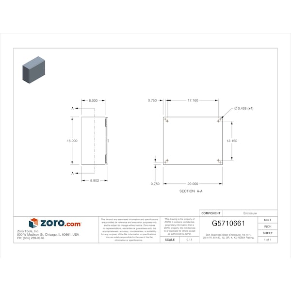 Wiegmann 304 Stainless Steel Electrical Enclosures, 16 in H, 8 in D, 20 in W, NEMA 4X, Hinged - N412162008SSC