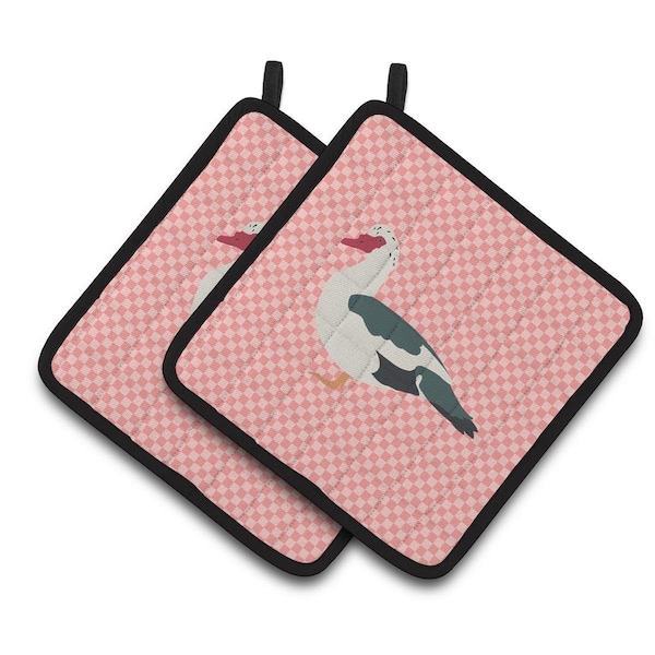 Carolines Treasures Muscovy Duck Pink Check Pair of Pot Holders - BB7864PTHD