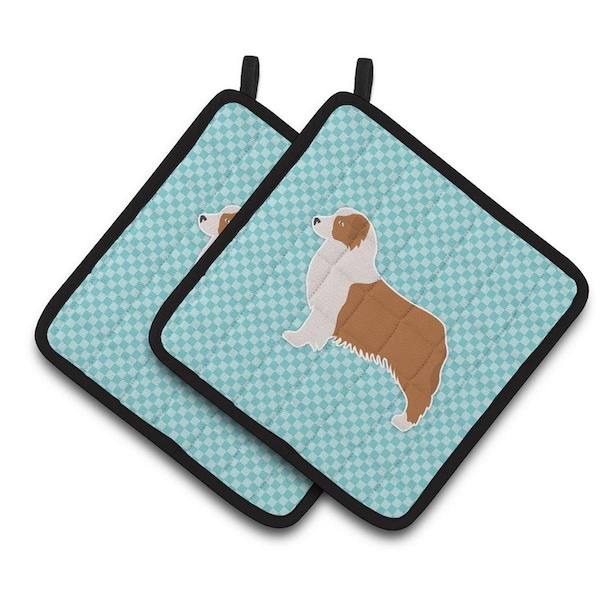 Carolines Treasures Australian Shepherd Dog Checkerboard Blue Pair of Pot Holders - BB3733PTHD