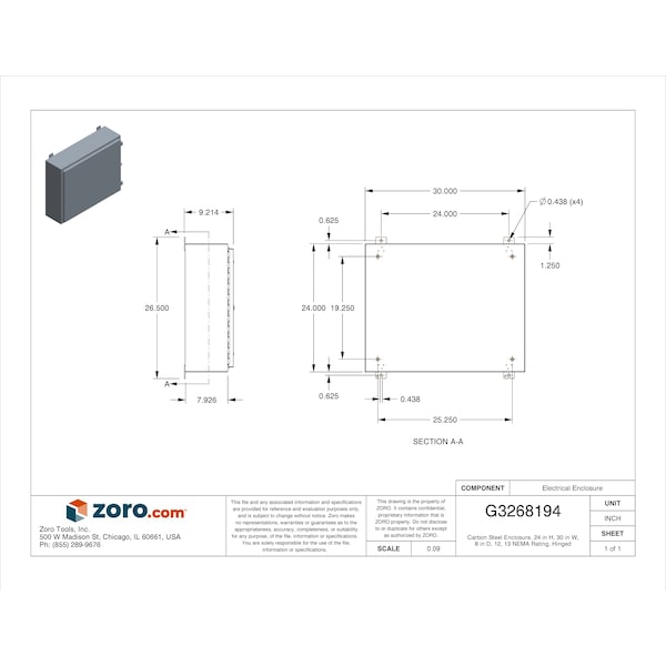 Wiegmann Carbon Steel Electrical Enclosures, 24 in H, 8 in D, 30 in W, NEMA 12, Hinged - N12243008