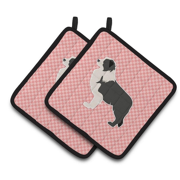 Carolines Treasures Black Border Collie Checkerboard Pink Pair of Pot Holders - BB3623PTHD