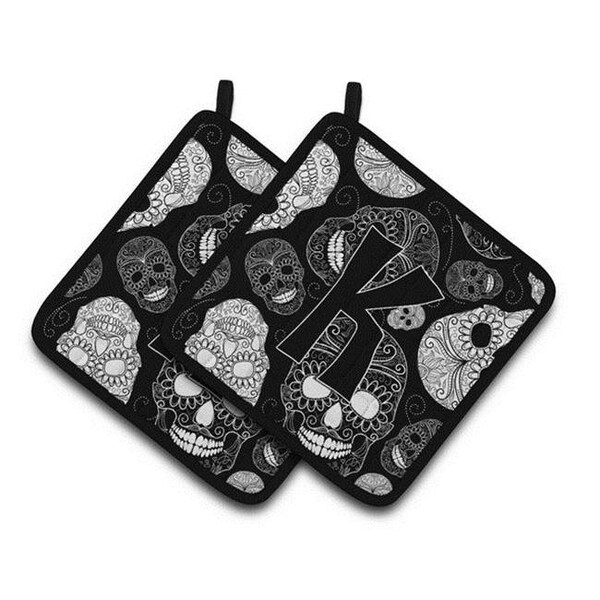 Carolines Treasures Carolines Treasures CJ2008-KPTHD Letter K Day of the Dead Skulls Black Pair of Pot Holders; 7.5 x 3 x 7.5 in. - CJ2008-KPTHD