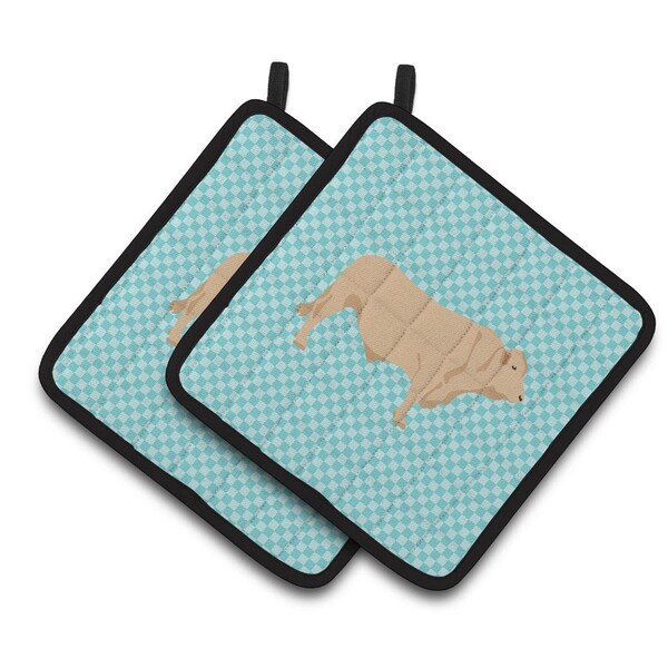 Carolines Treasures Charolais Cow Blue Check Pair of Pot Holders - BB8000PTHD