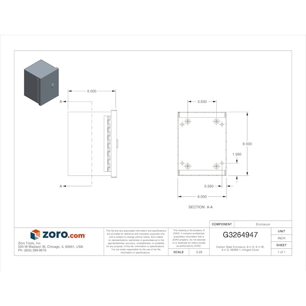 Wiegmann Carbon Steel Electrical Enclosures, 8 in H, 6 in D, 6 in W, NEMA 1, Hinged - N1C060806