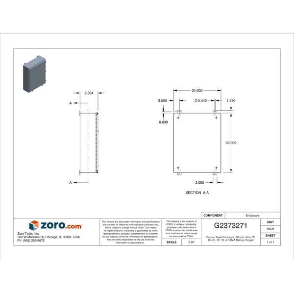 Wiegmann Carbon Steel Electrical Enclosures, 30 in H, 8 in D, 24 in W, NEMA 4, Hinged - N4302408