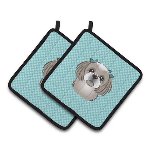 Carolines Treasures Checkerboard Blue Gray Silver Shih Tzu Pair of Pot Holders, 7.5 x 3 x 7.5 in. - BB1188PTHD