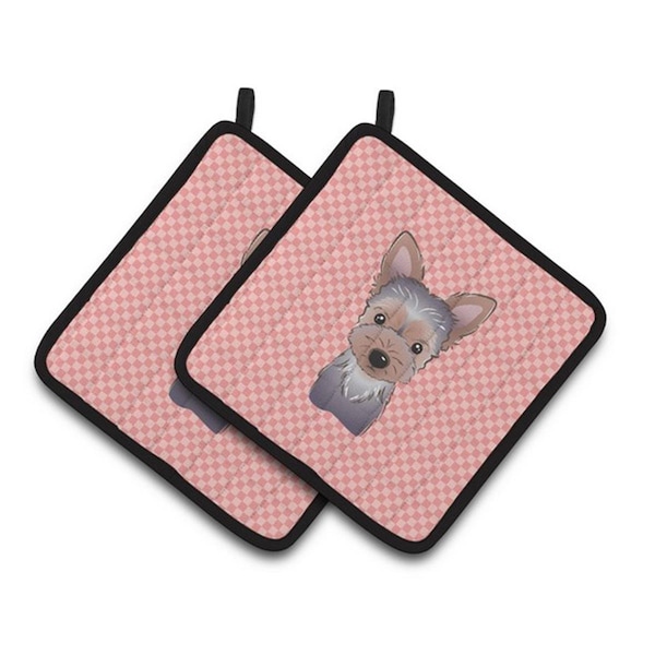 Carolines Treasures Checkerboard Pink Yorkie Puppy Pair of Pot Holders, 7.5 x 3 x 7.5 in. - BB1232PTHD