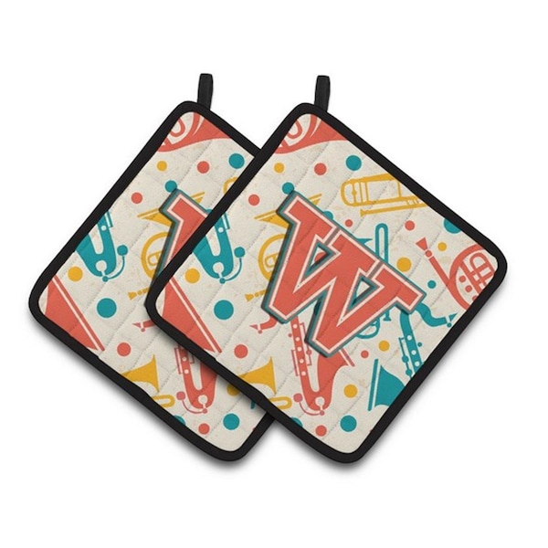 Carolines Treasures Letter W Retro Teal Orange Musical Instruments Initial Pair of Pot Holders, 7.5 x 3 x 7.5 in. - CJ2001-WPTHD