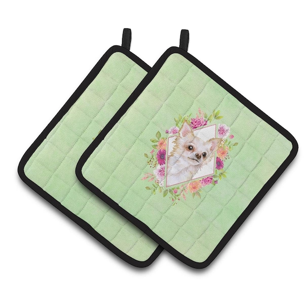 Carolines Treasures 7.5 x 7.5 in. Long Hair Chihuahua Green Flowers Pair of Pot Holders - CK4287PTHD