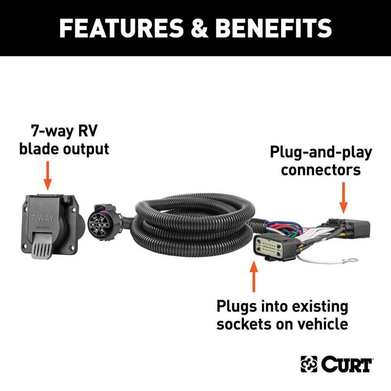 CURT Custom Vehicle-Trailer Wiring Harness, 7-Way RV Blade Output, Select Ford Ranger, Quick Electrical Wire T-Connector - 56431
